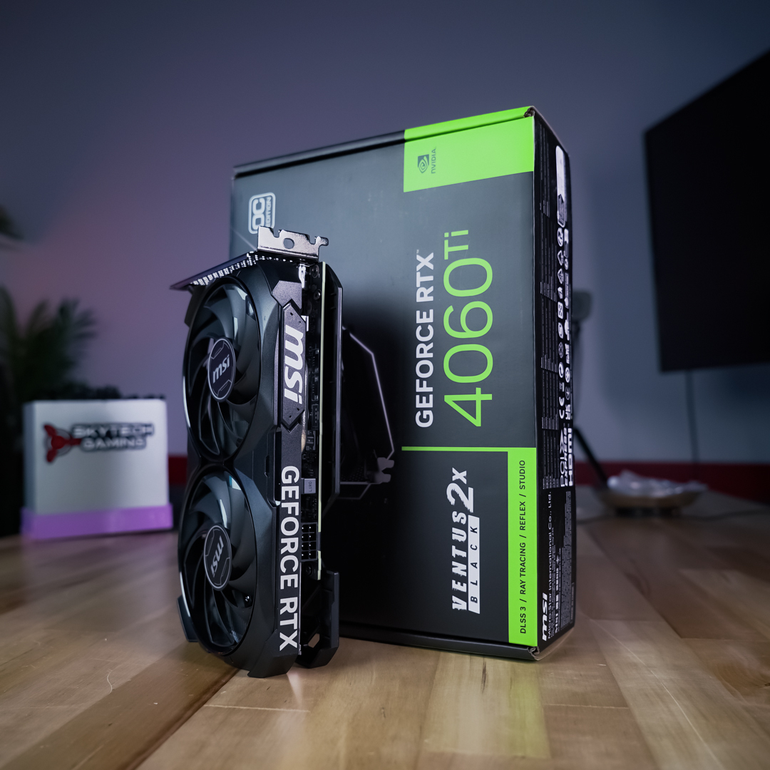 NVIDIA 4060 TI MSI Ventus graphics card standing vertically on a table.